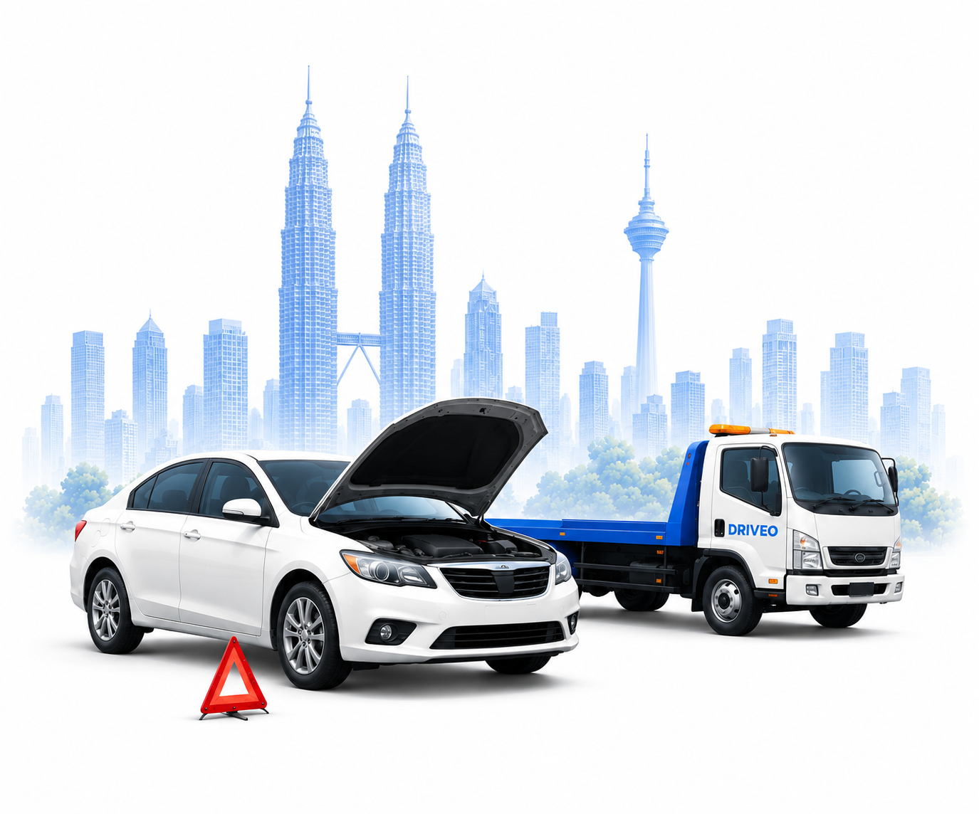 Driveo roadside assistance with white sedan, tow truck, warning triangle and Kuala Lumpur skyline